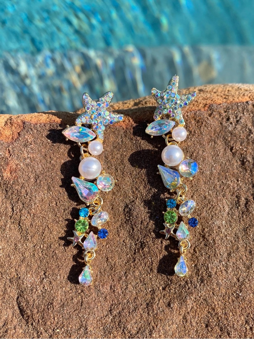 Starfish Crystal Rhinestone Pearl Drop Stud Earrings New